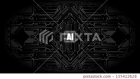Monochrome digital circuit with central chip. Black background and silver lines create high-tech style with minimalist aesthetics, symbolizing artificial intelligence and advanced technologies. Monochrome digital circuit with central chip. Black background and silver lines create high-tech style with minimalist aesthetics, symbolizing artificial intelligence and advanced technologies. 135422628