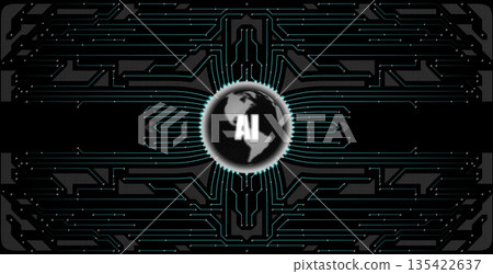 A futuristic composition in cyberpunk style. The globe in the center is connected to an abstract circuit board, symbolizing the digitalization of the world and the technologies that govern the planet. 135422637