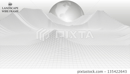 Abstract digital representation of a surface with a 3D wireframe grid pattern, showcasing peaks and valleys resembling terrain. A large, semi-transparent sphere with a dotted texture adds a 135422643