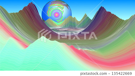 Abstract digital representation of a surface with a 3D wireframe grid pattern, showcasing peaks and valleys resembling terrain. A large, semi-transparent sphere with a dotted texture adds a futuristic 135422669