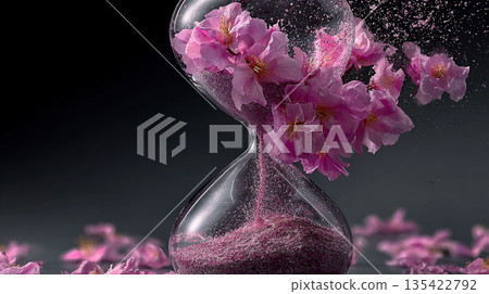 Sand flows from hourglass and transforms into blooming flowers in a dark setting Generative AI 135422792