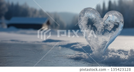 A heart-shaped ice sculpture sits on a snowy landscape. The background features a blurred cabin and frosted trees under a clear winter sky. 135423128