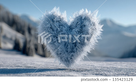 A frosty heart shape made of ice stands in a snowy landscape. The background features snow-covered mountains under a clear blue sky, evoking winter and love. 135423129