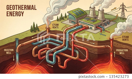 Geothermal energy illustration with pipes, steam vents, and power plant 135423273