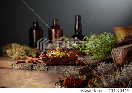 Close-up of various dried spices and herbs for herbal medicine. 135423409