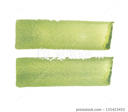 Two hand drawn wide abstract watercolor strokes light green, green, grassy, spring, bright color with granular texture for artistic design element 135423455