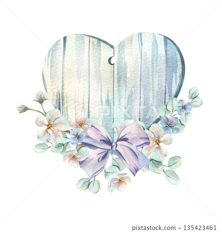 A wooden heart with spring apple blossoms and a purple bow. A delicate hand-drawn botanical illustration for a greeting card for Mother's Day, Weddings, Valentine's Day, and Women's Day. A wooden heart with spring apple blossoms and a purple bow. A delicate hand-drawn botanical illustration for a greeting card for Mother's Day, Weddings, Valentine's Day, and Women's Day. 135423461