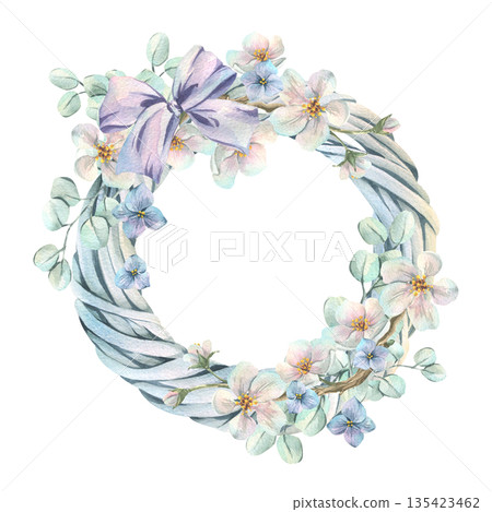 A spring floral wreath made of vines, painted in watercolor, with a bow and apple and hydrangea blossoms, for Mother's Day. Hand-drawn botanical illustration for greeting cards and seasonal decor. A spring floral wreath made of vines, painted in watercolor, with a bow and apple and hydrangea blossoms, for Mother's Day. Hand-drawn botanical illustration for greeting cards and seasonal decor. 135423462