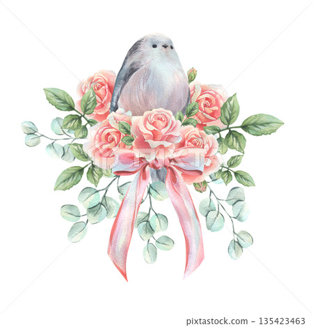 A cute long-tailed tit sits in a bouquet of pink roses, eucalyptus, and a ribbon bow. Hand-painted watercolor illustration for spring decor, Mother's Day, Easter, weddings, and March 8th. 135423463