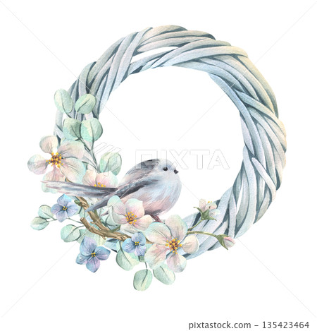 A watercolor wreath featuring a long-tailed tit. A hand-drawn spring floral frame with flowers. The illustration is perfect for Mother's Day, Women's Day, Valentine's Day, Easter, and weddings. A watercolor wreath featuring a long-tailed tit. A hand-drawn spring floral frame with flowers. The illustration is perfect for Mother's Day, Women's Day, Valentine's Day, Easter, and weddings. 135423464