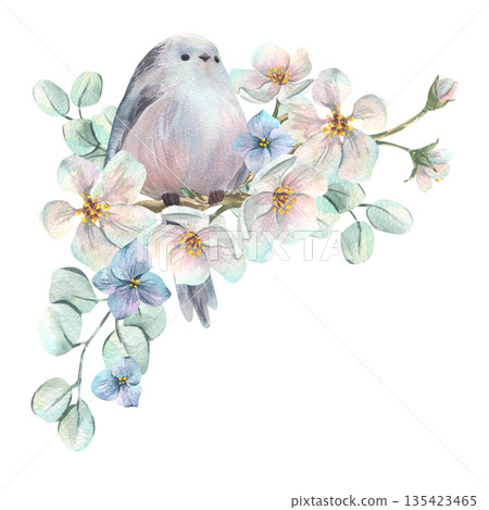A long-tailed tit perched on a blossoming white apple tree with hydrangea flowers and eucalyptus branches. A delicate hand-drawn watercolor illustration for spring wedding and holiday designs. 135423465