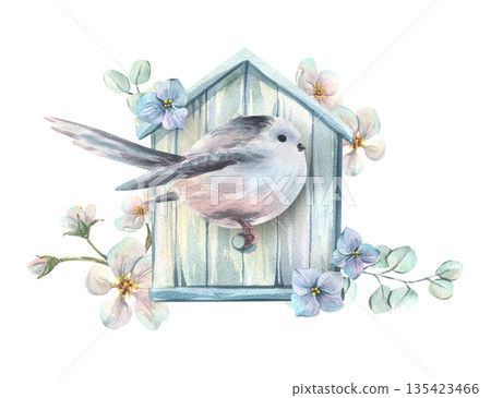 A long-tailed tit perched on an elegant wooden birdhouse surrounded by delicate apple and hydrangea blossoms. A delicate hand-painted watercolor illustration. Perfect for weddings and spring holidays. A long-tailed tit perched on an elegant wooden birdhouse surrounded by delicate apple and hydrangea blossoms. A delicate hand-painted watercolor illustration. Perfect for weddings and spring holidays. 135423466