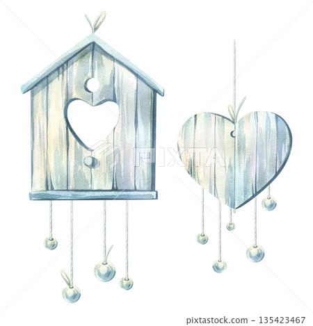 A wooden birdhouse with a heart and beads on white-blue pendants. Spring decor elements, hand-drawn watercolor illustrations. Perfect for spring holidays, such as Mother's Day, March 8th, and weddings 135423467
