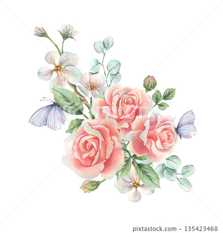 Pink roses, fresh white apple blossoms with purple butterflies, and a delicate bouquet with eucalyptus. Hand-drawn watercolor illustration for a Valentine's Day or Mother's Day greeting card. 135423468
