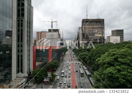 Traffic flows along a busy avenue in Sao Paulo on a cloudy day 135423852