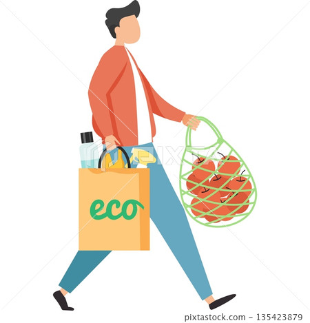 Man carrying food purchases in eco bag vector icon isolated on white 135423879