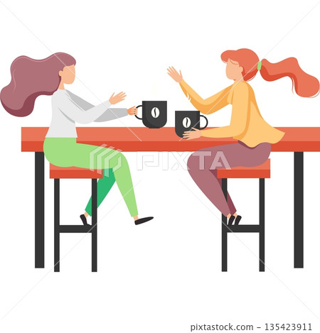 Girl friends chatting drinking coffee in cafe vector icon isolated on white 135423911