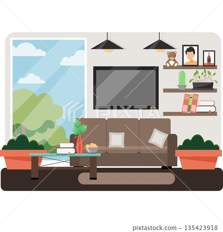 Cozy home living room interior vector icon isolated on white Cozy home living room interior vector icon isolated on white 135423918