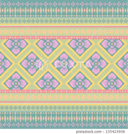 Exquisitely Colorful Traditional Pink Flowers and Geometric. Pate Malay Fabric, Indonesian Culture Pattern Seamless Vector. Nature, Floral, Leaves, Botanic for Vintage, Classy, Hand Weaves 135423936
