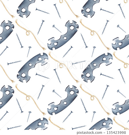 Diagonal seamless pattern with a metal bicycle wrench, a piece of jute rope and self-tapping screws on an isolated background. Watercolor illustration with working tools. A realistic template with men Diagonal seamless pattern with a metal bicycle wrench, a piece of jute rope and self-tapping screws on an isolated background. Watercolor illustration with working tools. A realistic template with men 135423998