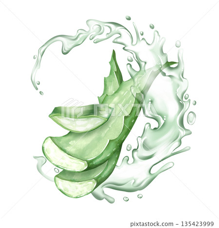 Hand-drawn illustration of aloe vera slices with water splash, emphasizing freshness and hydration for skincare themes. Hand-drawn illustration of aloe vera slices with water splash, emphasizing freshness and hydration for skincare themes. 135423999