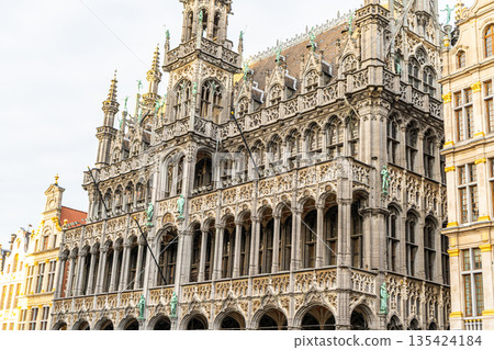 Grand Place square Belgium Guildhall Building. Old houses gothic architecture building city center Grand Place square Belgium Guildhall Building. Old houses gothic architecture building city center 135424184