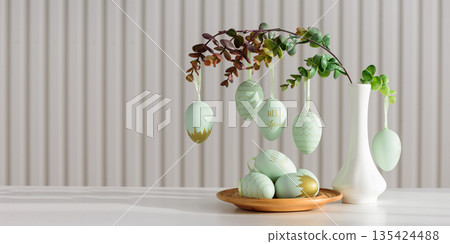 Hanging Easter Eggs and Spring Branches in Vase. Festive Pastel Decor 135424488