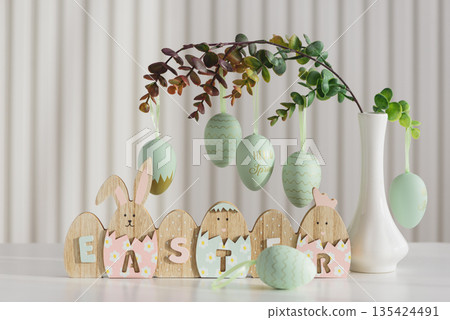 Wooden Easter Letter Eggs with Bunny and Chick Figures. Festive Spring Decor 135424491