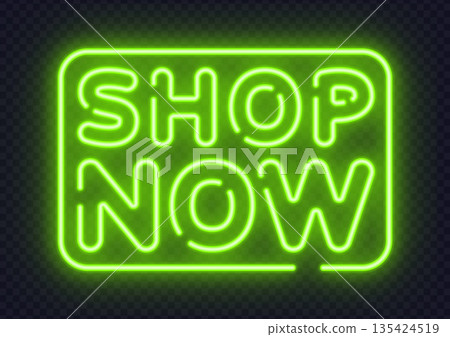 Green neon shop now sign in modern vector style for sales and online stores. Bright glow drives attention to purchase action. Green neon shop now sign in modern vector style for sales and online stores. Bright glow drives attention to purchase action. 135424519