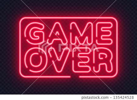 Red neon game over sign with bold typography for gaming screens and dramatic endings. Strong glow enhances intense mood. Red neon game over sign with bold typography for gaming screens and dramatic endings. Strong glow enhances intense mood. 135424528