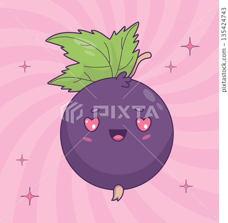 Kawaii Blackcurrant with Heart Eyes. Cute Cartoon Berry Mascot on Groovy Pink Spiral Retro Background. Vector illustration. Love Character for Holiday, Valentines Day Design. Not AI Kawaii Blackcurrant with Heart Eyes. Cute Cartoon Berry Mascot on Groovy Pink Spiral Retro Background. Vector illustration. Love Character for Holiday, Valentines Day Design. Not AI 135424743