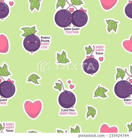 Cute Kawaii Blackcurrant Sticker Seamless Pattern. Romantic Berry Puns and Hearts on Green Background. Cartoon Characters for Holiday, Valentine Day Design. Vector illustration 135424744