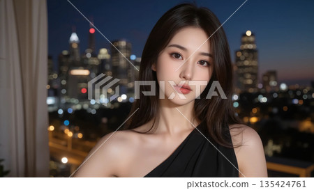 A woman with long hair making a pose at home 135424761