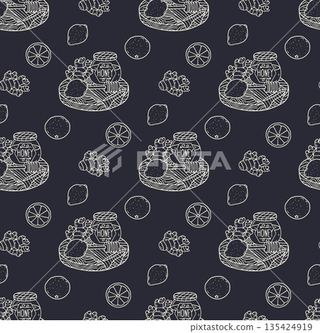 Hand drawn honey jar with ginger and lemon on wooden board black and white seamless pattern. Flu natural medicine repeat background 135424919
