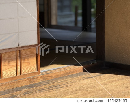 Morning light filtering through the shoji screens and tatami mats: A quiet interior scene in a Japanese house Morning light filtering through the shoji screens and tatami mats: A quiet interior scene in a Japanese house 135425465