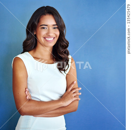 Mockup, arms crossed and smile with portrait of woman in studio for professional, entrepreneur or business. Smile, space and empowerment with employee on wall background for creative, pride or career Mockup, arms crossed and smile with portrait of woman in studio for professional, entrepreneur or business. Smile, space and empowerment with employee on wall background for creative, pride or career 135425479