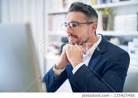 Business, focus and man with a computer, email and search internet for website information, solution and online reading. Male person, ceo and employee with a pc, concentration and digital planning 135425488