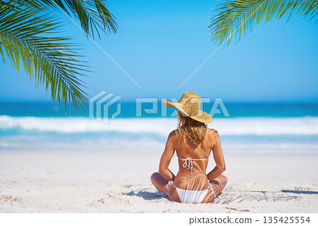 Tropical mockup, beach and back of woman on island on sand for adventure, holiday and vacation in Mauritius. Travel, ocean and female person relax in bikini by sea for tourism, traveling and getaway 135425554