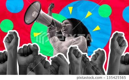 Megaphone, protest and woman voice isolated on red background for human rights, strong opinion or broadcast. Speech, fist and gen z people for power, call to action or change on digital scrapbook art Megaphone, protest and woman voice isolated on red background for human rights, strong opinion or broadcast. Speech, fist and gen z people for power, call to action or change on digital scrapbook art 135425565