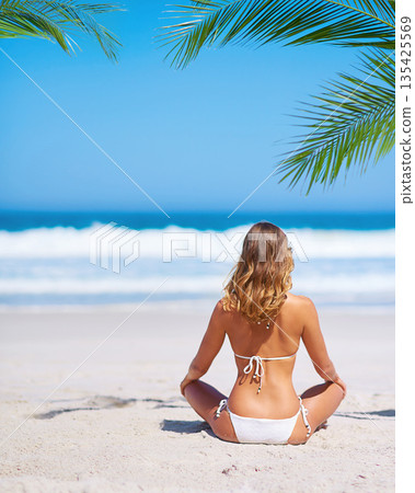 Island, beach and back of woman by ocean on sand for adventure, holiday and vacation in Mauritius. Travel mockup, tropical and female person relax in bikini by sea for tourism, traveling and getaway 135425569