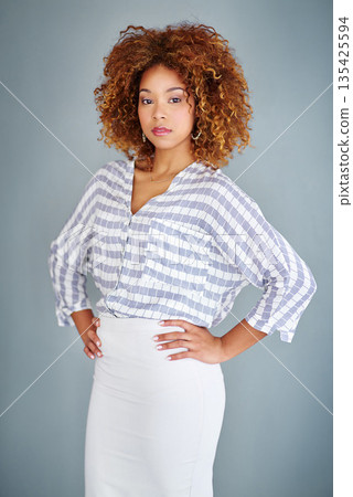 Professional woman, confident in portrait and career mindset with entrepreneur isolated on studio background. Mockup space, female person and entrepreneurship with business mission and goals Professional woman, confident in portrait and career mindset with entrepreneur isolated on studio background. Mockup space, female person and entrepreneurship with business mission and goals 135425594