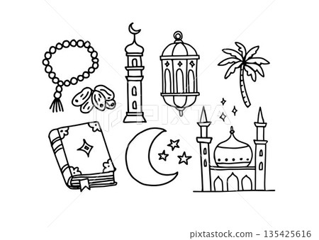 Hand Drawn Islamic Ramadan Doodle Icons Set with Mosque, Crescent Moon, Lantern, Quran, Prayer Beads, Palm Tree. Black Religious Vector Illustration Isolated on White Background. Date fruit, Stars. 135425616