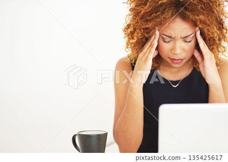 Stress, headache and woman with a laptop email isolated on a white background in a studio. Frustrated, space and a social media manager with migraine pain from a mental health problem or work mistake 135425617