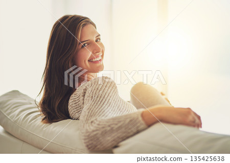 Portrait, smile and woman relax on sofa in home living room on holiday. Face, happy and young female person from Canada on couch in lounge, apartment or house to enjoy me time, vacation and mockup. Portrait, smile and woman relax on sofa in home living room on holiday. Face, happy and young female person from Canada on couch in lounge, apartment or house to enjoy me time, vacation and mockup. 135425638
