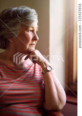 Senior woman, worried and think at window for memory, idea or home on living room sofa. Elderly lady, remember and thinking for decision, depression or retirement with fear, anxiety and lounge chair Senior woman, worried and think at window for memory, idea or home on living room sofa. Elderly lady, remember and thinking for decision, depression or retirement with fear, anxiety and lounge chair 135425658