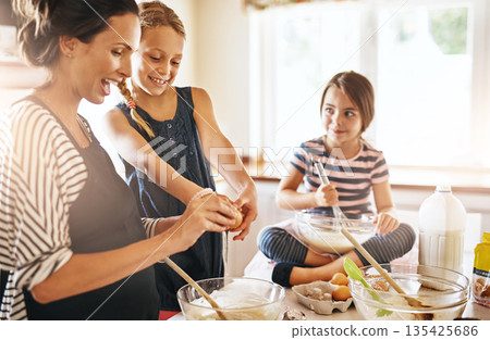 Happy mother, family or kids baking in kitchen with siblings learning cookies recipe or mixing pastry at home. Mom, cooking or baker helping or teaching children to bake together for development 135425686