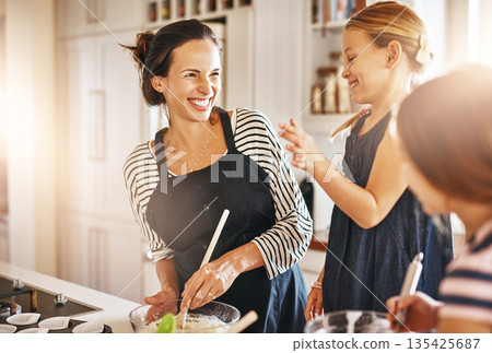 Funny mother, happy family or kids baking in kitchen with siblings learning cookies recipe or mixing pastry. Laughing, home or mom helping or teaching children to bake together for cooking skills Funny mother, happy family or kids baking in kitchen with siblings learning cookies recipe or mixing pastry. Laughing, home or mom helping or teaching children to bake together for cooking skills 135425687