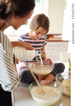 Mother, milk or kid baking in kitchen as a family with a young kid learning cookies or cake recipe at home. Pastry, cooking or mother baker helping or teaching daughter to bake for child development Mother, milk or kid baking in kitchen as a family with a young kid learning cookies or cake recipe at home. Pastry, cooking or mother baker helping or teaching daughter to bake for child development 135425701