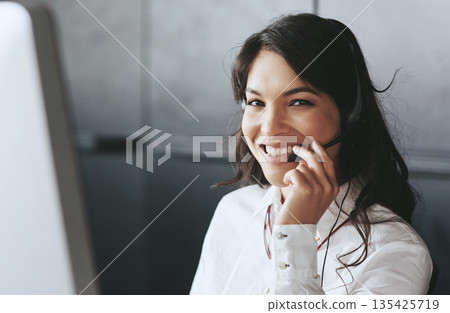 Business woman, portrait and telemarketing employee with a smile doing crm consulting. Call center, customer service and young female person working on a web support consultation with happiness Business woman, portrait and telemarketing employee with a smile doing crm consulting. Call center, customer service and young female person working on a web support consultation with happiness 135425719