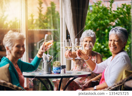 Toast, wine and portrait of senior women or friends in retirement, reunion or social celebration, success and happy. Champagne glasses, celebrate and elderly people cheers, restaurant and hospitality Toast, wine and portrait of senior women or friends in retirement, reunion or social celebration, success and happy. Champagne glasses, celebrate and elderly people cheers, restaurant and hospitality 135425725